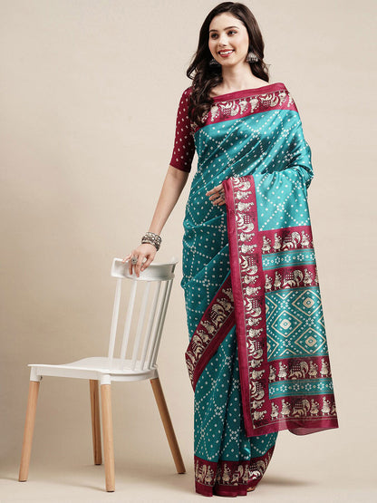 Saree Mall Blue & Maroon Bandhani Silk Blend Bandhani Sarees