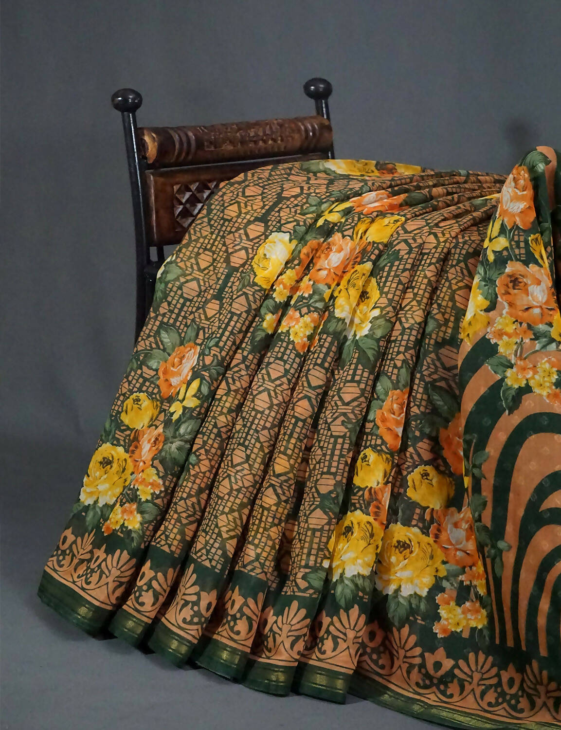 Shades Of Dark Leaf Green Floral Design Semi Chanderi Saree By Gayathri Reddy Designer Studio