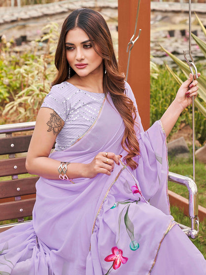 Tikhi Imli Printed Ruffle Saree With Mirror Embroidered Work Blouse