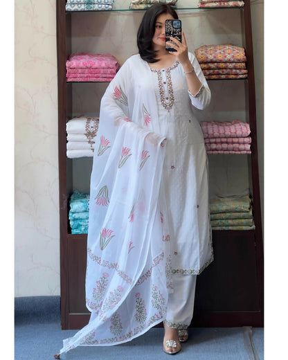 The52 White Women's Gorgeous Georgette Butti Fabric Embroidered Work Straight Kurta Pant and Dupatta Set