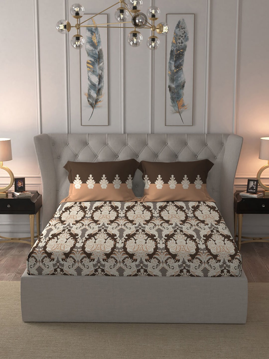 MYTRIDENT Brown White Ethnic Motifs Cotton 144 TC Queen Bedsheet With 2 Pillow Covers