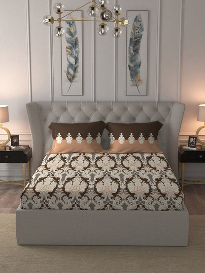 MYTRIDENT Brown White Ethnic Motifs Cotton 144 TC Queen Bedsheet With 2 Pillow Covers