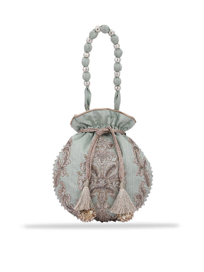 Masq Women Green & Silver-Toned Embellished Potli Clutch