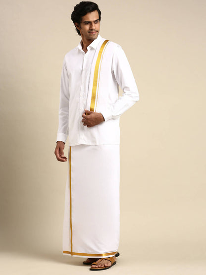 Ramraj Cotton Mens Wedding Set White Regular Dhoti, Shirt & Towel