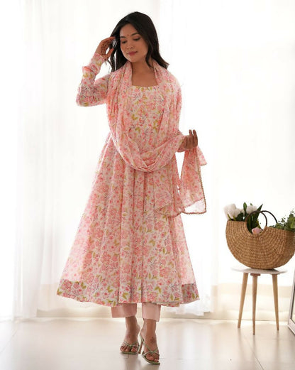 Joban Fashion Peach Kurta Set Organza Sequin Embroidery Work