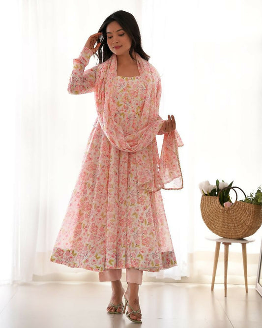 Joban Fashion Peach Kurta Set Organza Sequin Embroidery Work