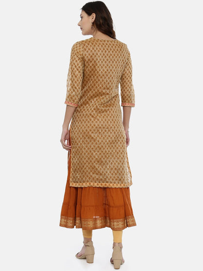 Souchii Beige & White Printed Straight Kurta
