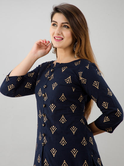 HERE&NOW Navy Blue & Gold-Toned Ethnic Motifs Printed Kurta with Skirt