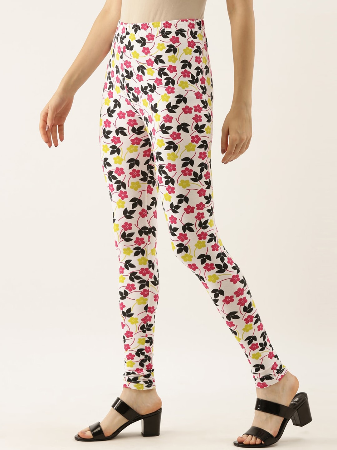 Souchii White & Pink Floral Printed Ankle-Length Leggings