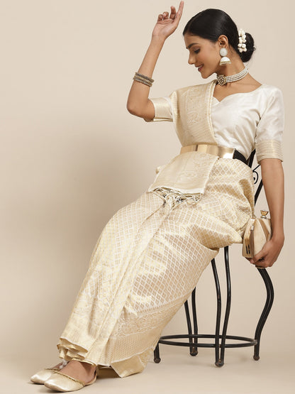 Saree Mall Cream-Coloured Zari Silk Blend Kanjeevaram Sarees