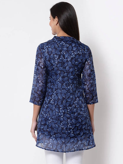 Myshka Women's Trendy Organza Printed 3/4 Sleeve Round Neck Casual Multicolor Tunic