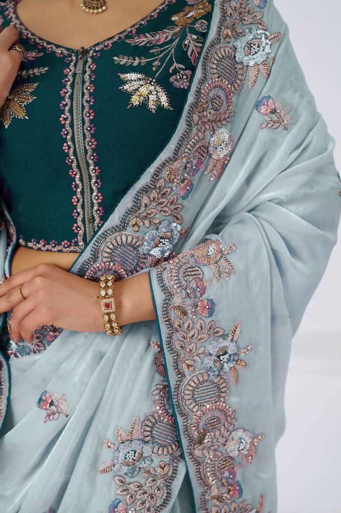 Kesar Fab Graceful Grey In Rich Silk Fendi With Zari And Sparkling Sequins Saree