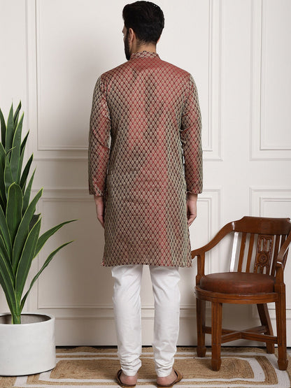Sojanya Men Maroon & Off-White Woven Design Kurta with Churidar
