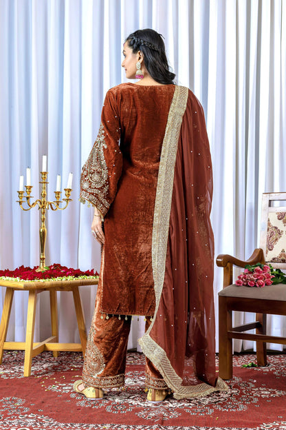 Joban Fashion Rust Brown Velvet Embroidery Kurta Set