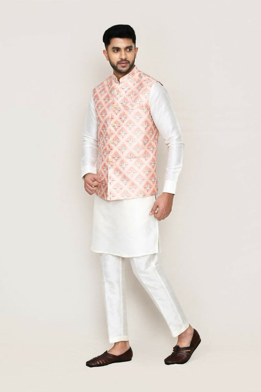 Joban Fashion Peach Colored Art Silk Based With Thread & Sequence Work Work Men's Jacket