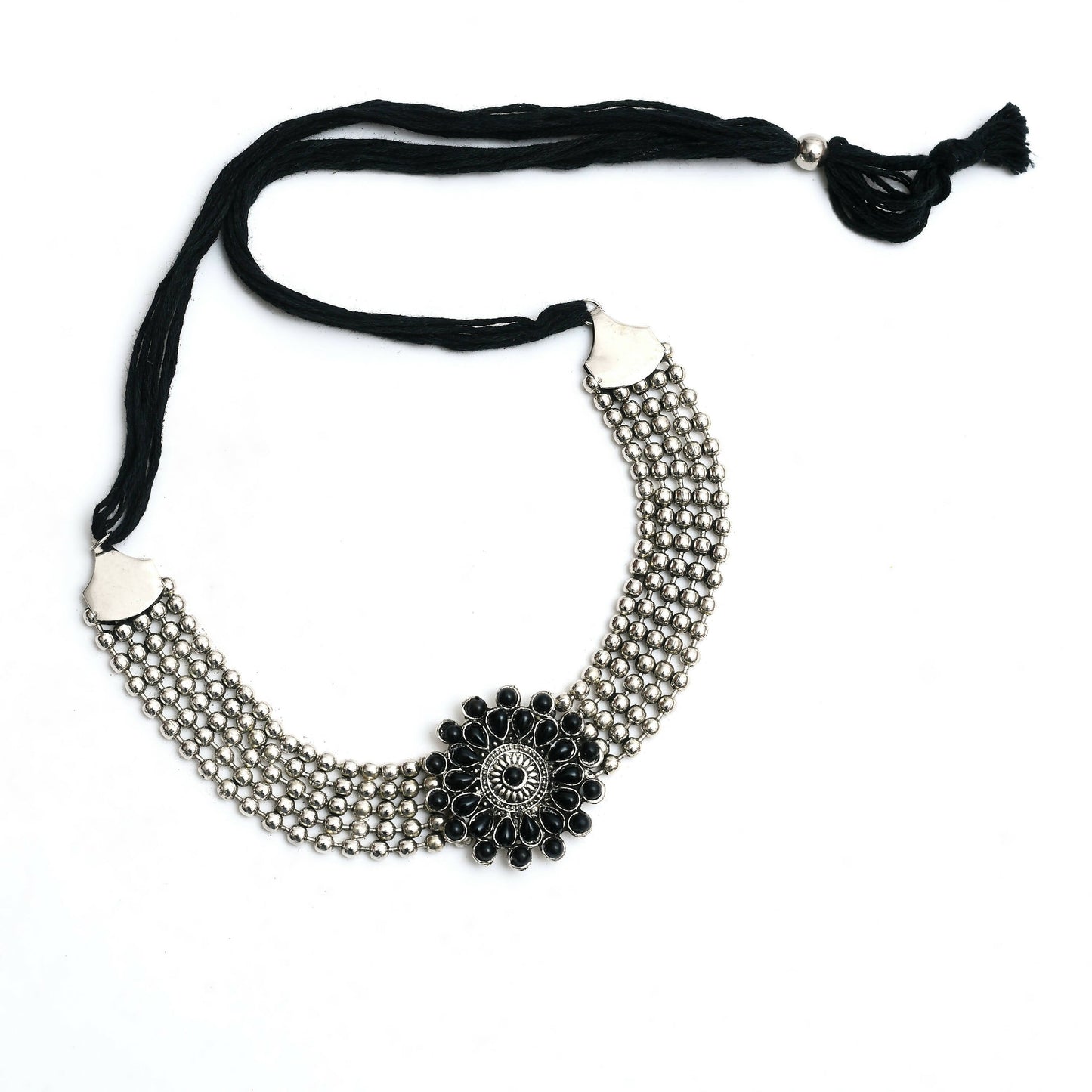 Mominos Fashion Johar Kamal Oxidised Silver-Plated Brass Finish Kundan Choker For Women (Black)