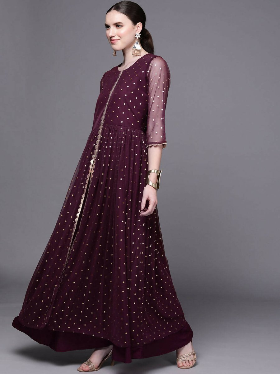 Ahalyaa Women Burgundy Polka Dots Fit & Flare Maxi Ethnic Dress