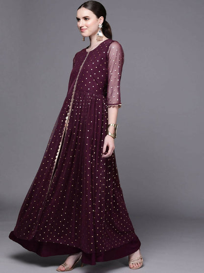 Ahalyaa Women Burgundy Polka Dots Fit & Flare Maxi Ethnic Dress