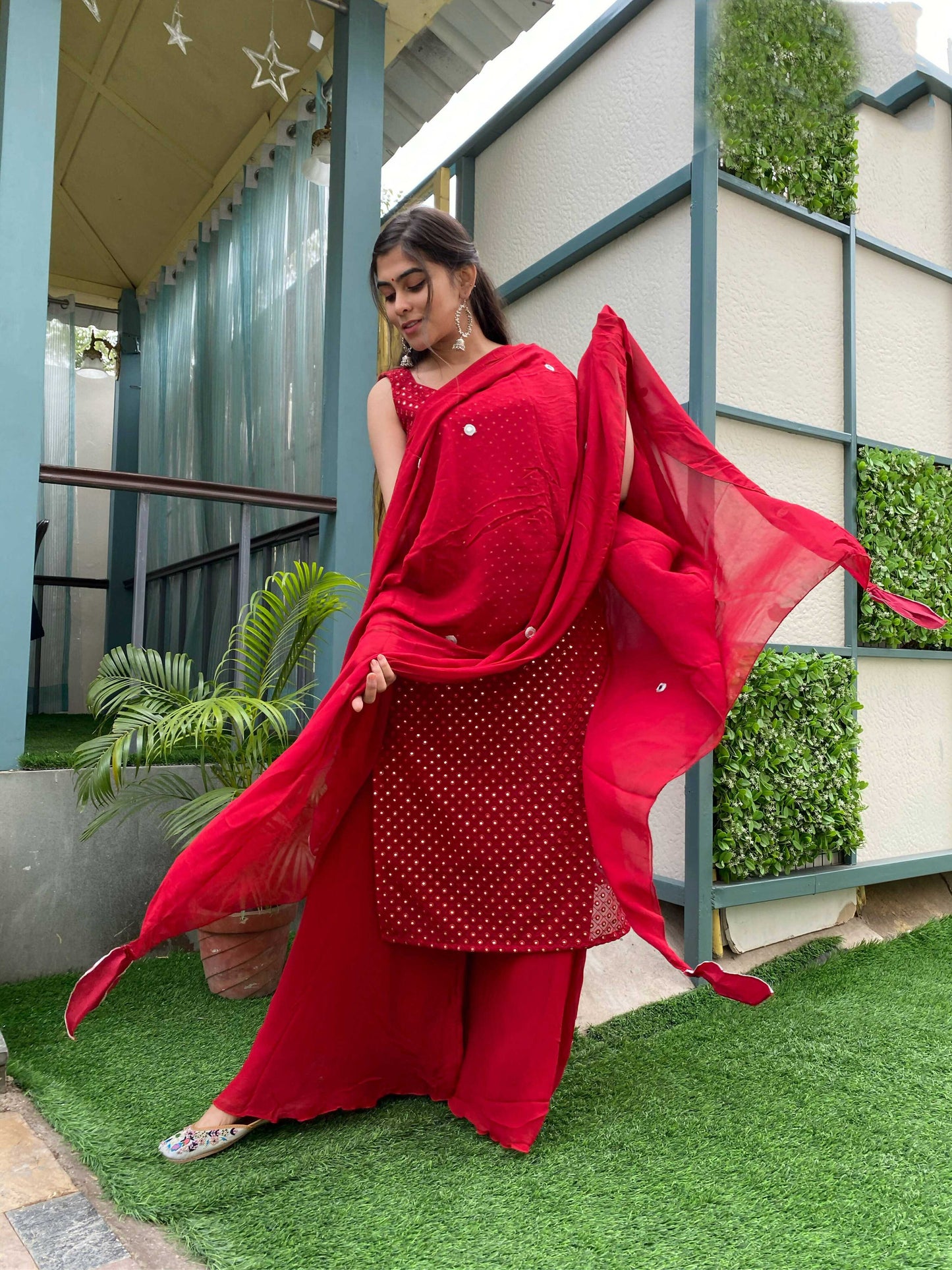 Partywear Designer Red Georgette Palazzo Suit - Anbazaar