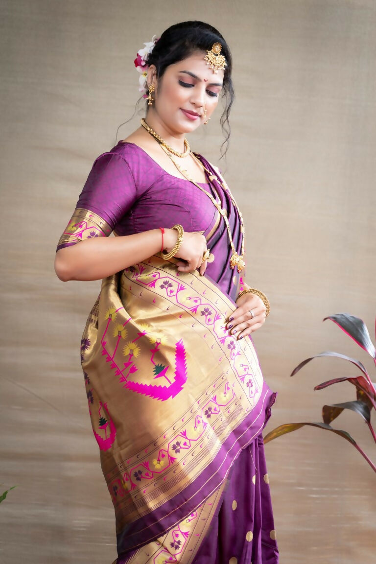 Jyoti Fashion Women's Wine Paithani Silk Zari Woven Saree with Blouse