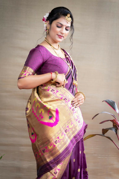 Jyoti Fashion Women's Wine Paithani Silk Zari Woven Saree with Blouse