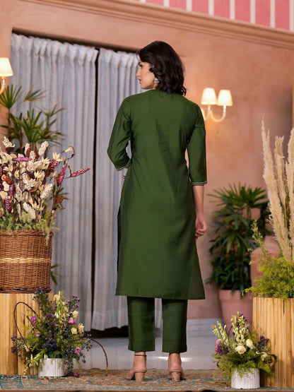 Juniper Women's Green Zari Embroidered Viscose Kurta Pant And Dupatta Set With Tassels On Dupatta