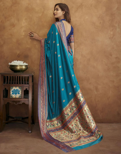 Vastranavya Blue Soft Paithani Silk Saree With Gold Zari Weaving Motifs With Matching Blouse Fabric