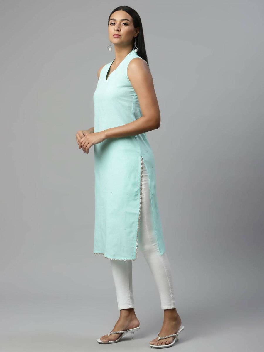 Ahalyaa Womens Summer Blue Pure Cotton Printed Kurtas