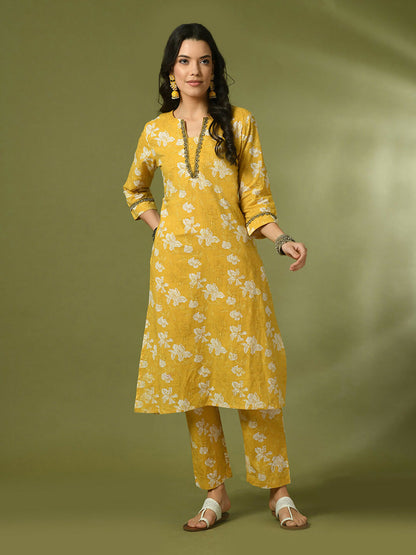 Myshka Women's Yellow Printed Cotton Straight Party Kurta Set