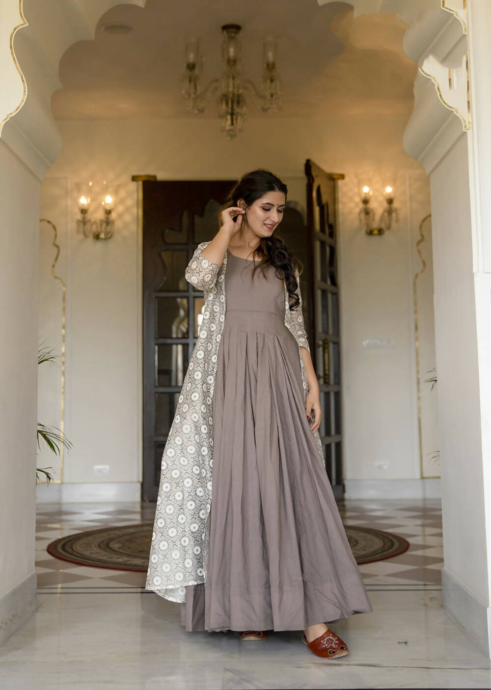 Partywear Designer Digital print Grey Maslin Gown - Anbazaar