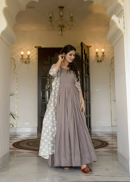 Partywear Designer Digital print Grey Maslin Gown - Anbazaar