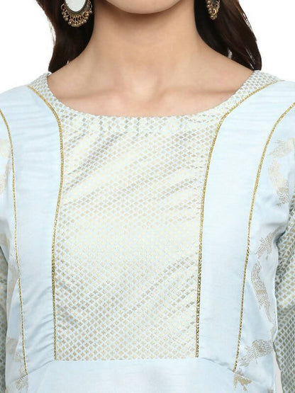 Ahalyaa Women Blue & Silver-Coloured Yoke Design A-Line Kurta
