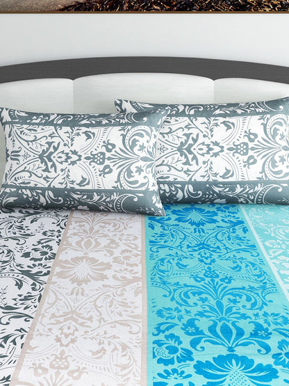 Divine Casa Blue & Grey Ethnic Motifs 120 TC Bedsheet with Pillow Covers