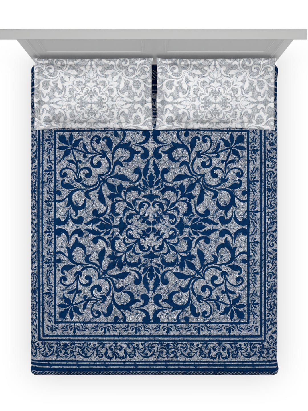 DDecor Blue & White Ethnic Motifs Cotton 140 TC King Bedsheet With 2 Pillow Covers