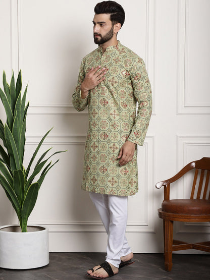Sojanya Men Green Printed Cotton Linen Kurta with Churidar