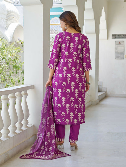 The52 Wine Women's Beautiful Cotton Blend Fabric Printed Work Straight Kurta, Pant and Dupatta Set
