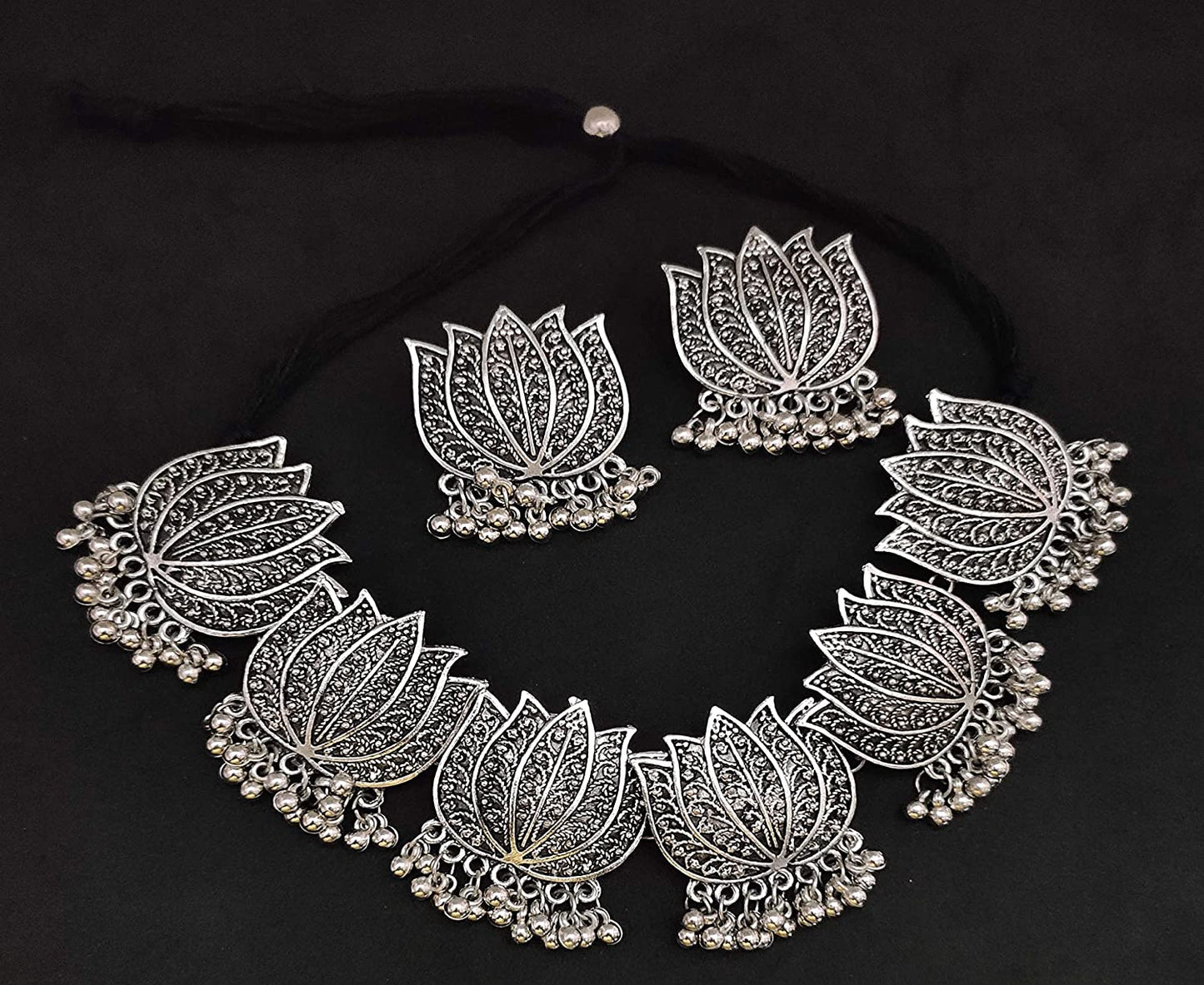 Silver-Plated Alloy Oxidised Lotus Petals Necklace - The Pari