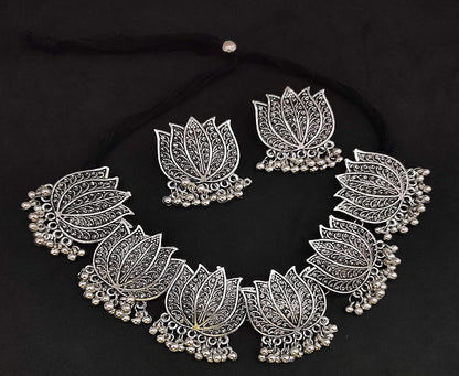 Silver-Plated Alloy Oxidised Lotus Petals Necklace - The Pari