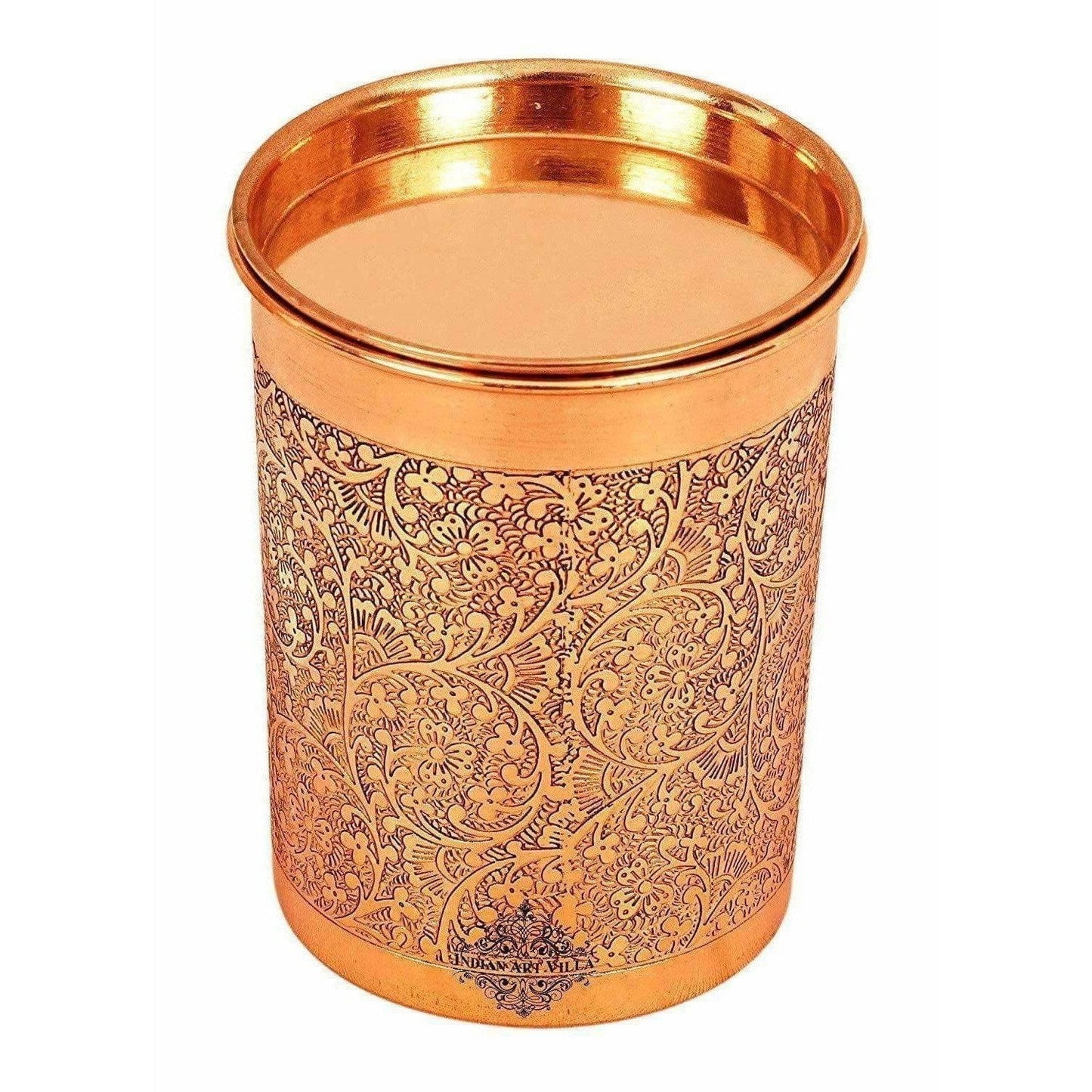 Copper Glass Tumbler with Lid Embossed Design