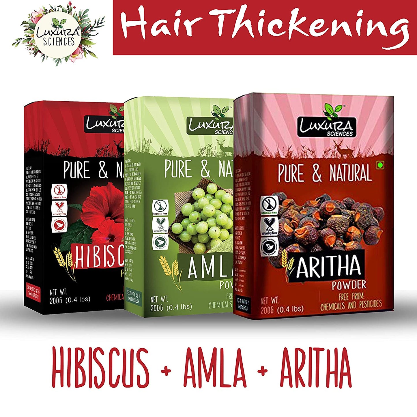 Luxura Sciences Natural Hair Care for Hair Thickening - Hibiscus + Amla + Aritha
