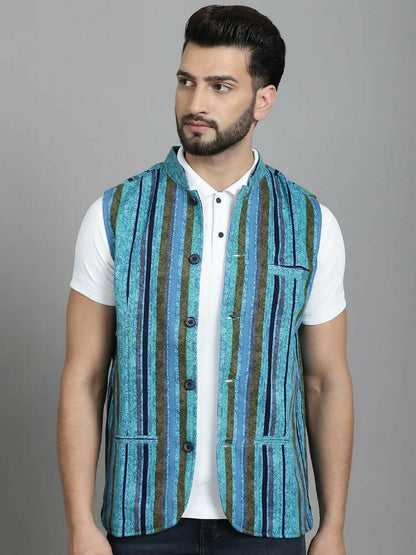 Even Apparels Nehru Jacket With Welt Pockets - Blue