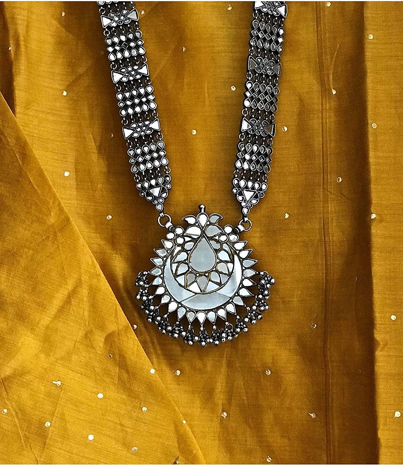 Silver-Plated Alloy Long Kundan Studded Silver Oxidised Necklace - The Pari