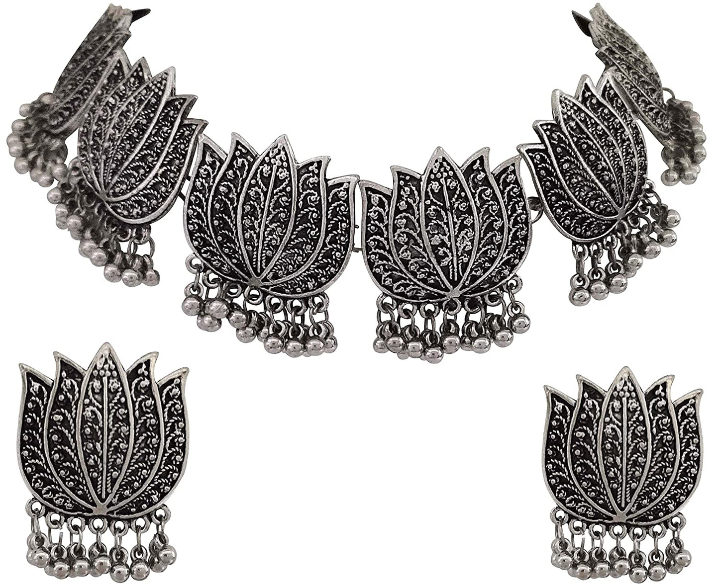 Silver-Plated Alloy Oxidised Lotus Petals Necklace - The Pari