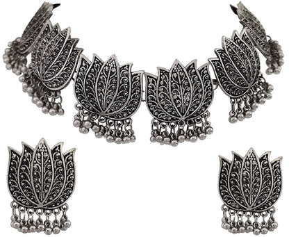 Silver-Plated Alloy Oxidised Lotus Petals Necklace - The Pari