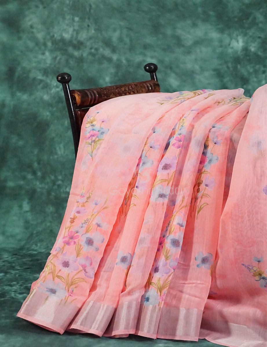 Baby Peach Floral Print Semi Chanderi Saree By Gayathri Reddy Designer Studio