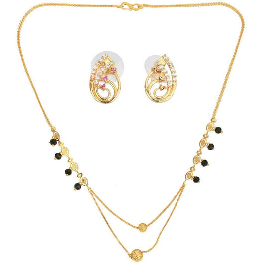 AanyaCentric Gold-Polished Short Mangalsutra Set with Earrings