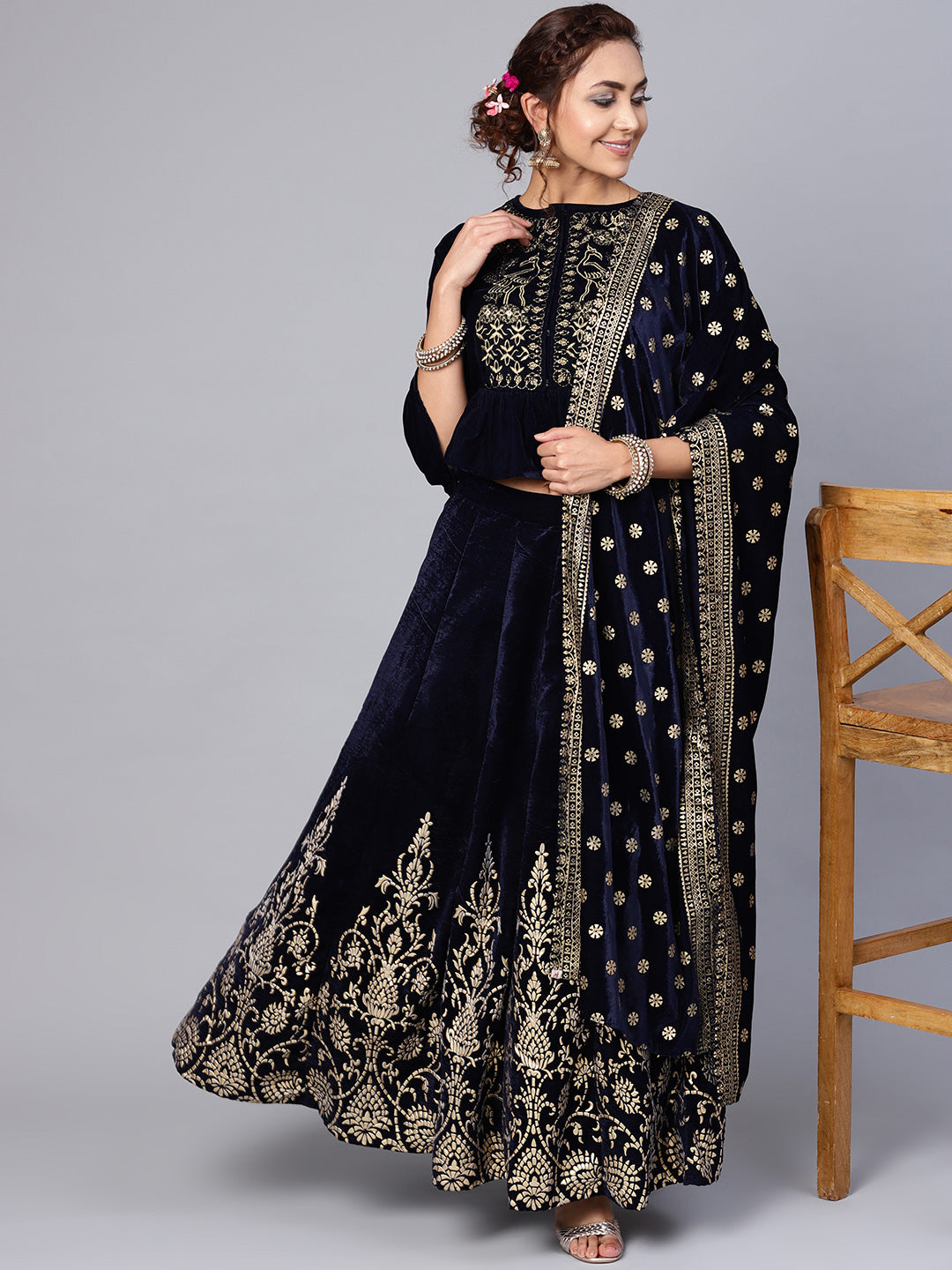 Indian Clothing Juniper Women Navy Velvet Embroidered Flared Lehenga Choli Sets
