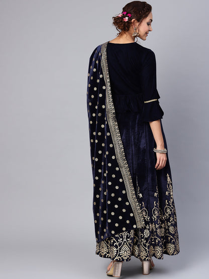 Indian Clothing Juniper Women Navy Velvet Embroidered Flared Lehenga Choli Sets