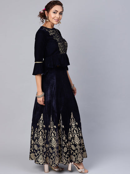 Indian Clothing Juniper Women Navy Velvet Embroidered Flared Lehenga Choli Sets