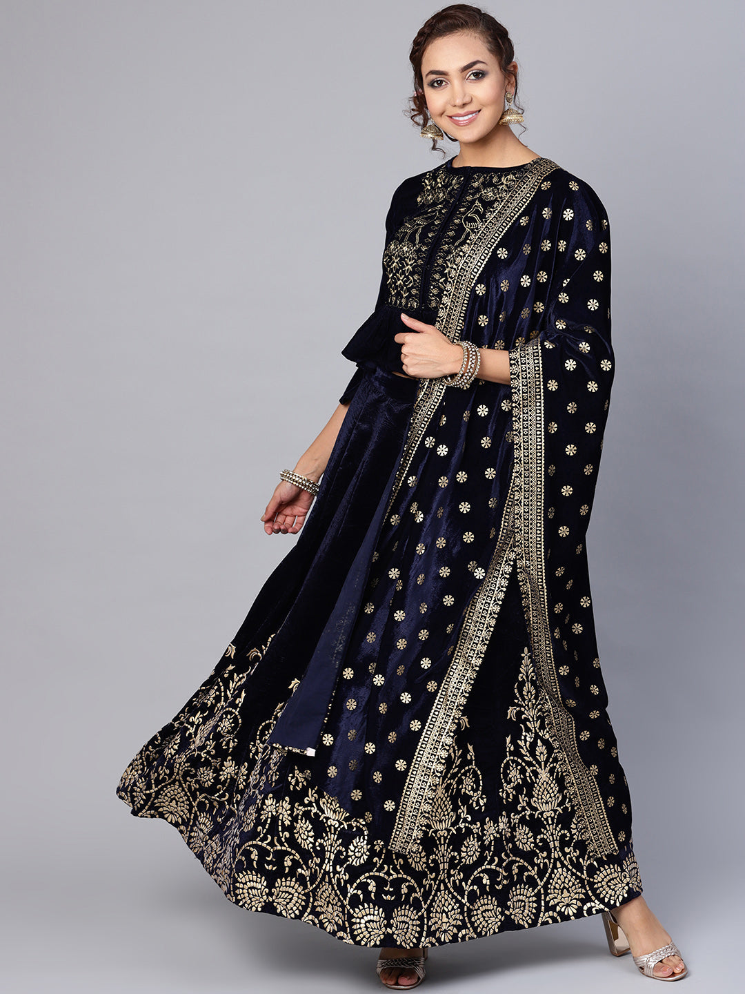 Indian Clothing Juniper Women Navy Velvet Embroidered Flared Lehenga Choli Sets
